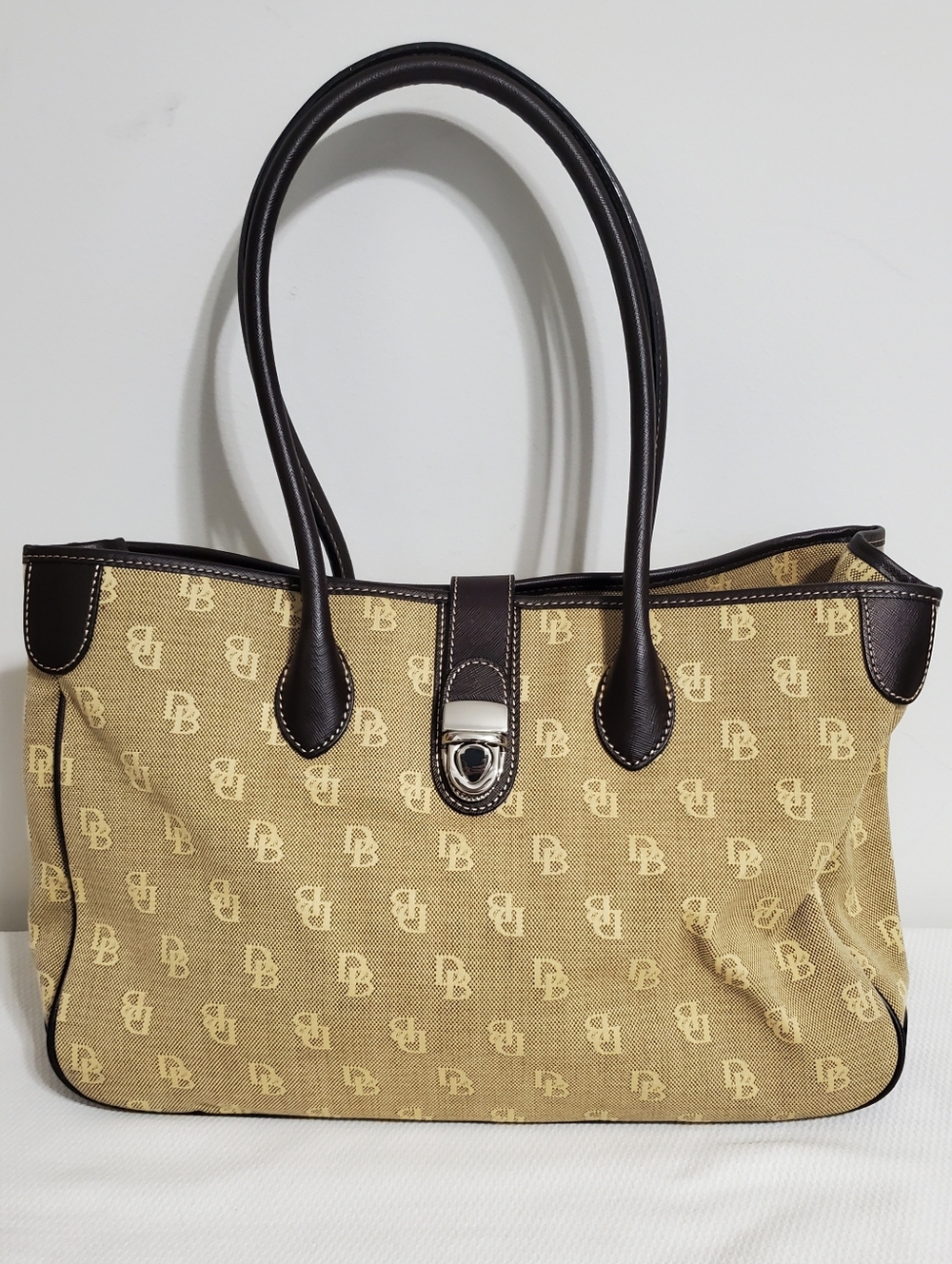 Dooney & Bourke Large Signature Canvas  Brown Leather Trim Satchel
